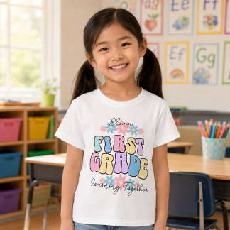 Aangepaste naam eerste klas leren samen retro t-shirt