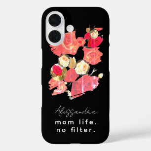 Aangepaste Naam Elegant Zwart Rood Wit Bloemen Mam iPhone 16 Hoesje