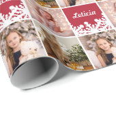 Aangepaste naam en foto-inkuiling Rood Witte sneeu Cadeaupapier (Rol Hoek)