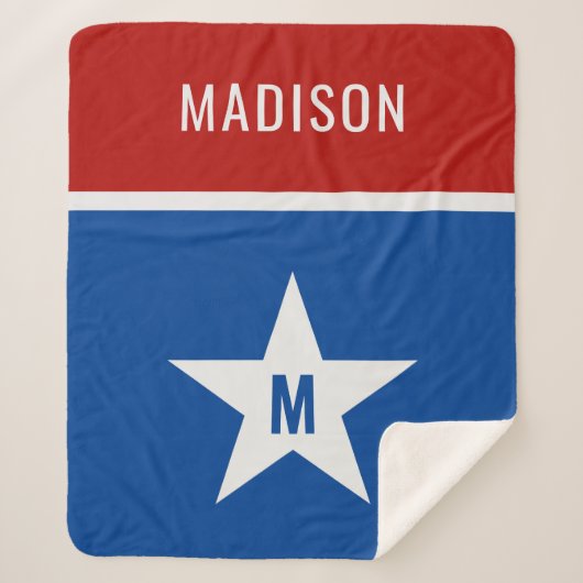 Aangepaste naam en initiaal rood, wit en blauw sherpa deken (Voorkant)