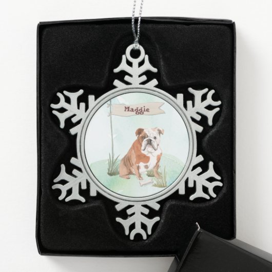Aangepaste naam Engelse Bulldog Pet Dog Tin Sneeuwvlok Ornament (Kistje)