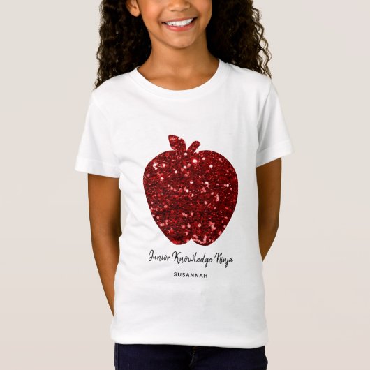 Aangepaste naam Faux Gitter Red Apple School Kinde T-shirt (Voorkant)