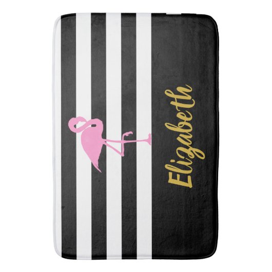 Aangepaste naam Flamingo op zwart-witte strepen Badmat (Voorkant Verticaal)
