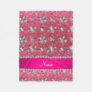 Aangepaste naam fleur de lis fuchsia roze glitter fleece deken