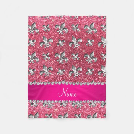 Aangepaste naam fleur de lis fuchsia roze glitter fleece deken (Voorkant)