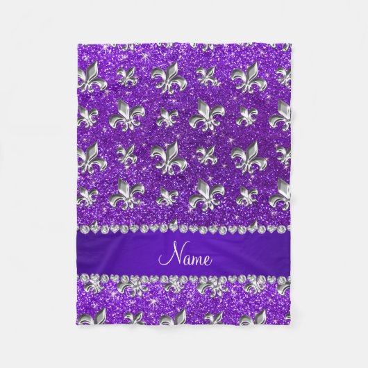 Aangepaste naam fleur de lis indigo paarse glitter fleece deken (Voorkant)