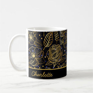 Aangepaste naam florale naadloos patroon goud koffiemok