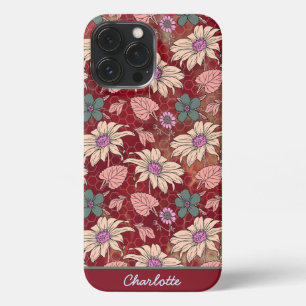 Aangepaste naam florale naadloos patroon rood iPhone 13 pro max hoesje