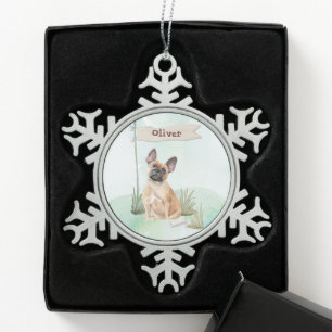 Aangepaste naam Franse Bulldog Pet Dog Tin Sneeuwvlok Ornament