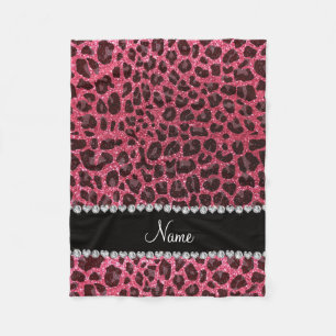 Aangepaste naam fuchsia roze glitter leopard print fleece deken