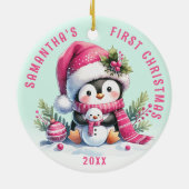 Aangepaste Naam Fun Penguin Roze Munt Eerste Kerst Keramisch Ornament (Achterkant)
