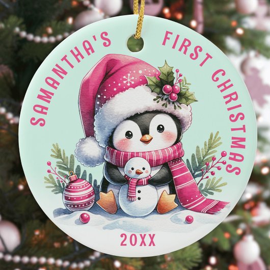 Aangepaste Naam Fun Penguin Roze Munt Eerste Kerst Keramisch Ornament