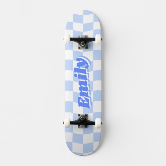 Aangepaste naam Girly Blue White Checker Patroon Skateboard (Voorkant)