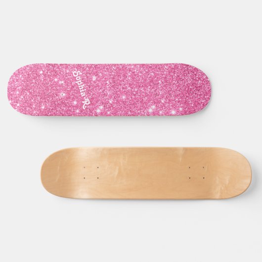 Aangepaste naam Girly Faux Pink Glitter Skateboard (Horizontaal)