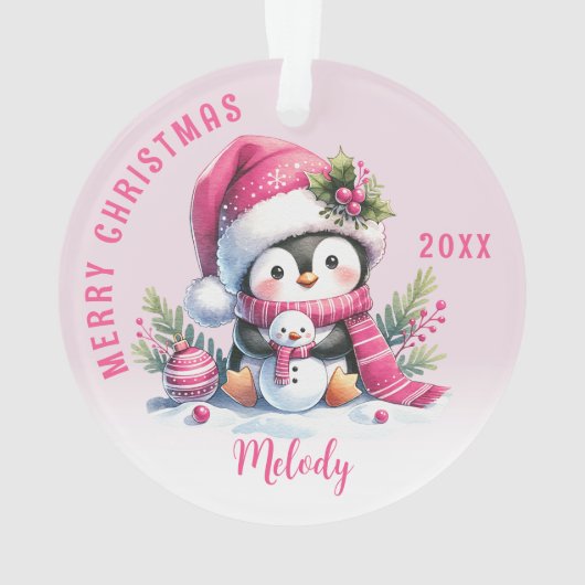 Aangepaste Naam Girly Penguin Roze Kerstmis Ornament (achterkant)