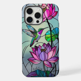 Aangepaste Naam Glas in lood Bloemen Hummingbird iPhone 15 Pro Max Hoesje