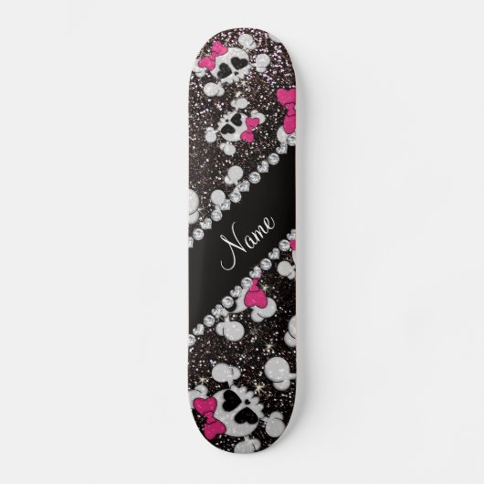 Aangepaste naam glitter black skulls roze bogen skateboard (Voorkant)