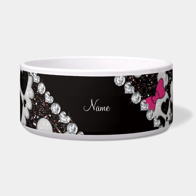 Aangepaste naam glitter black skulls roze bogen voerbakje (Voorkant)