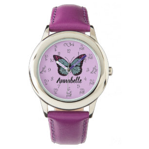 Aangepaste naam Glitter Butterfly Paarse Kinder Le Horloge