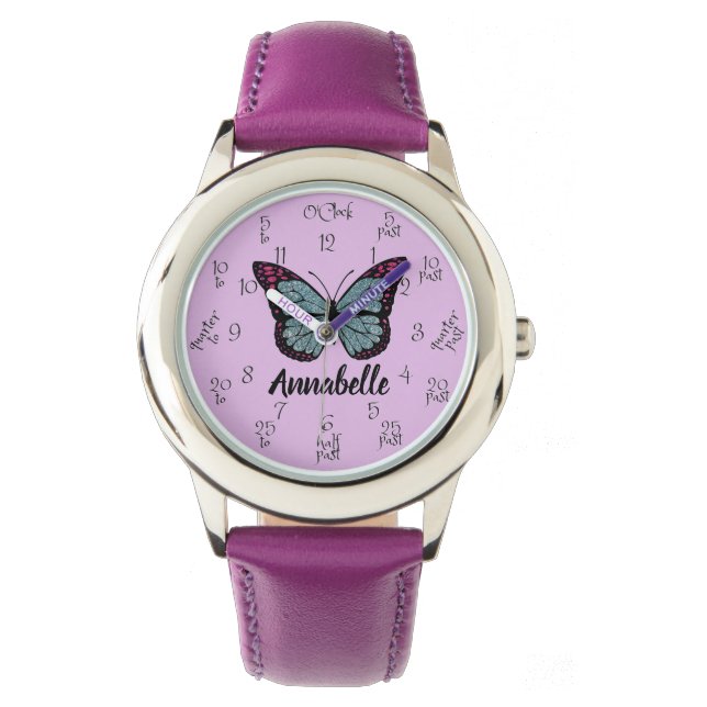 Aangepaste naam Glitter Butterfly Paarse Kinder Le Horloge (Voorkant)