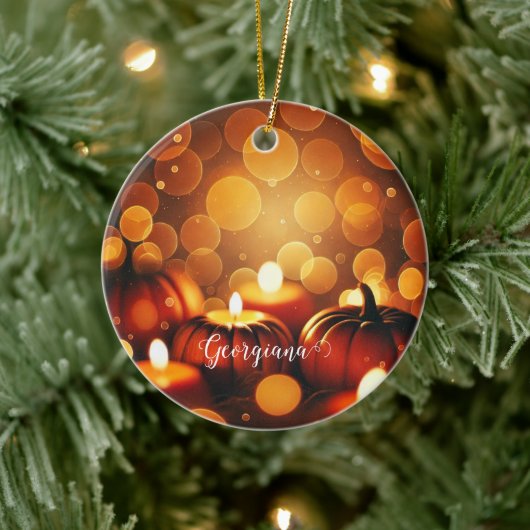 Aangepaste naam Glowing Pumpkins Autumnal Bokeh Ef Keramisch Ornament (Boom)