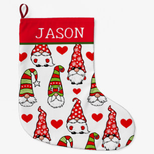 Aangepaste naam Gnome Red Heart Christmas Stocking Grote Kerstsok