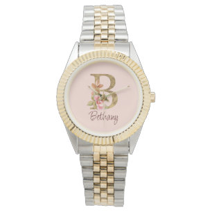 Aangepaste naam goud folie blush roze rozen letter horloge