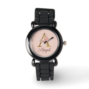 Aangepaste naam goud folie blush roze rozen letter horloge