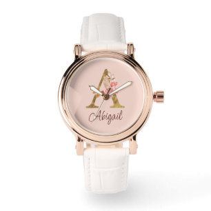 Aangepaste naam goud folie blush roze rozen letter horloge