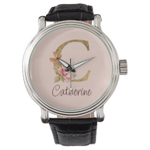 Aangepaste naam goud folie blush roze rozen letter horloge