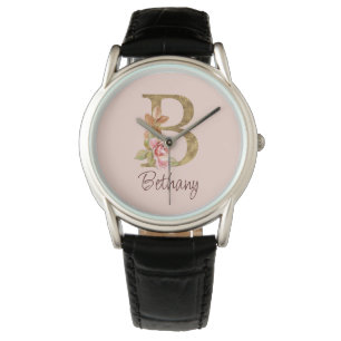Aangepaste naam goud folie blush roze rozen letter horloge