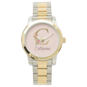 Aangepaste naam goud folie blush roze rozen letter horloge