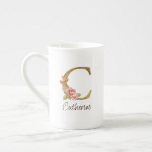 Aangepaste naam goud folie blush roze rozen letter porselein kop