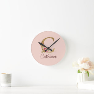 Aangepaste naam goud folie blush roze rozen letter ronde klok