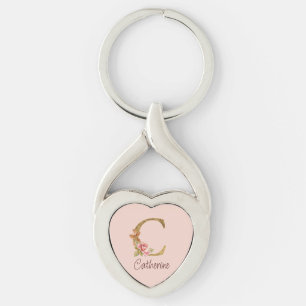 Aangepaste naam goud folie blush roze rozen letter sleutelhanger