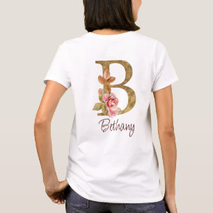 Aangepaste naam goud folie blush roze rozen letter t-shirt