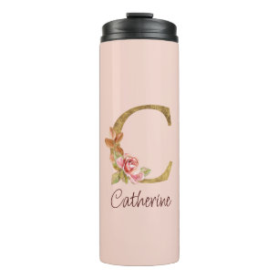 Aangepaste naam goud folie blush roze rozen letter thermosbeker