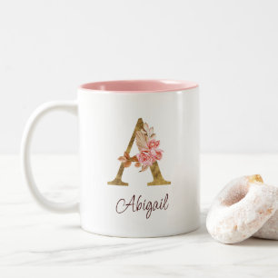 Aangepaste naam goud folie blush roze rozen letter tweekleurige koffiemok