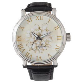 Aangepaste naam Gouden bruine achtergrond Bloemen Horloge
