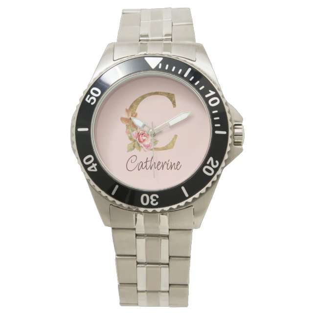 Aangepaste Naam Gouden Folie Blush Roze Rozen Lett Horloge (Voorkant)