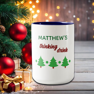 Aangepaste naam grappig denk drank kerstbomen tweekleurige koffiemok