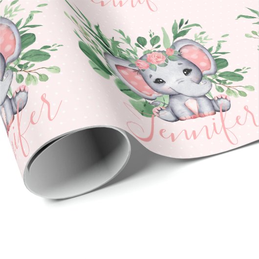 Aangepaste Naam Greenery Elephant Baby Girl Pink Cadeaupapier (Rol Hoek)