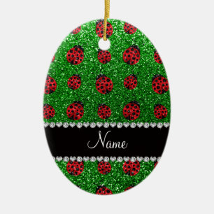 Aangepaste naam groen glitter ladybug keramisch ornament