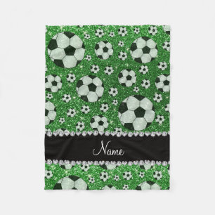 Aangepaste naam groene glitter-voetballen fleece deken
