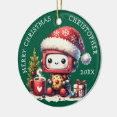 Aangepaste Naam Groene Vrolijke Kerstrobot Schatti Keramisch Ornament (Links)