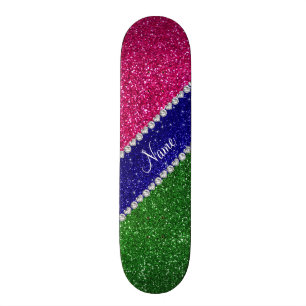 Aangepaste naam groene warme roze glitter skateboard