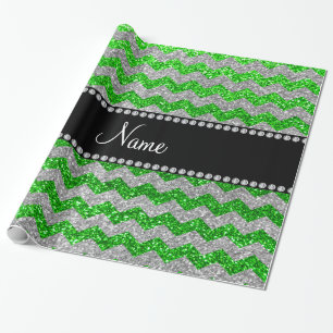 Aangepaste naam groene zilverglitterchevrons cadeaupapier