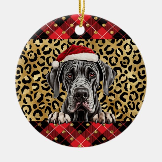 Aangepaste naam Grote Deense hond Santa hat Buffal Keramisch Ornament (Voorkant)