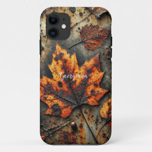 Aangepaste naam Grungy Autumnal Industrial Leaves iPhone 11 Hoesje