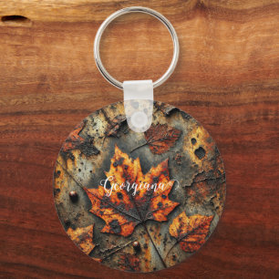 Aangepaste naam Grungy Autumnal Industrial Leaves Sleutelhanger
